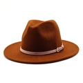 Brown wool felt fedora hat with geometric textures and pink leather belt for men and women - M (56-58cm) / Caramel color