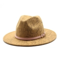 Detail of wool felt fedora featuring geometric patterns and pink belt with metal buckle - M (56-58cm) / Camel