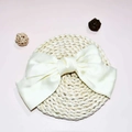 Elegant cream silk bow hair clip on a woven mat with minimalist pink background - Spring Clips / Beige