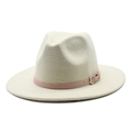 Classic beige wool felt jazz hat with stylish pink leather band and metal buckle - M(56-58cm) / Cream