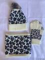 Winter leopard print knit set including a pom-pom beanie hat, scarf, and touch-screen gloves - White