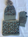 Winter set with leopard print knit beanie with faux fur pom, scarf and touchscreen gloves - Dark Gray