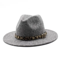 Dark grey wool fedora hat with leopard print band and golden buckle for women - M (56-58cm) / Gray