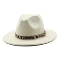 Beige wool fedora hat with leopard print band and gold buckle on a clean white background - M (56-58cm) / Cream