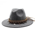 Bohemian grey houndstooth wool fedora with ethnic embroidery and metal coin pendants - M(56-58cm) / Gray