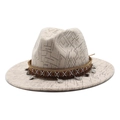 Beige wide brim fedora hat with ethnic embroidery and silver coin pendants - M (56-58cm) / Beige