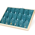 Wooden jewelry display tray with blue velvet lining and 21 necklace slots for storage - 18-Slot Pendant Tray