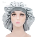 Silver satin sleep bonnet with wide elastic band shown on mannequin head display - Silver