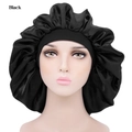 Extra large black satin sleep cap with wide elastic band for curly and thick hair - Black