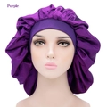 Extra large purple satin sleep cap with wide elastic band for curly hair protection - Dark Purple