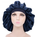 Extra large navy blue satin sleep cap with elastic wide band for hair protection - Navy Blue