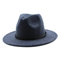 Detailansicht des klassischen blau-schwarz karierten Wollhutes mit flacher, breiter Krempe - M (56-58cm) / Marineblau