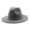 Grauer Fedora-Hut aus Wolle mit Hahnentrittmuster und braunem Lederband für Damen und Herren - M (56-58cm) / Grau