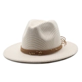 Cappello Fedora vintage in lana beige a quadri con fascia in pelle e perline oro - M (56-58cm) / Beige