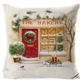 Linen Christmas pillow cover with bakery winter theme illustration on white background - BZ0888-34 (The Bakery Winter Illustration)
