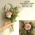Pink eucalyptus rose silk flower bouquet for home decor, height 33cm floral arrangement - Eucalyptus Rose Bundle Pink D41-2299