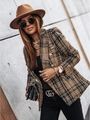 Close-up of double-breasted tweed jacket with plaid pattern and gold metal buttons - S / Brown