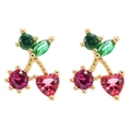 Silver needle cherry stud earrings with pink heart stones and green leaves in gold finish - Heart Cherry