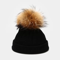 Close-up of the ribbed knit texture and fluffy faux fur pompom on this black winter hat - Kids 50-53cm(1-5 Years) / Black
