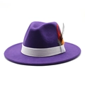 Detailed close-up of purple fedora hat with white ribbon and decorative feathers - Adjustable / Purple