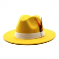 Classic yellow wool fedora hat with white ribbon and feather accent for men and women - Adjustable / Yellow