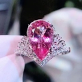 Luxury crown ring with a large pink water drop gem and sparkling cubic zirconia stones - Pink Rhinestone Ring (Adjustable)