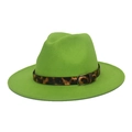 Bright green wool fedora hat with leopard print band and metal buckle accessory - M(56-58cm) / Fruit Green