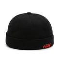Black docker cap with red Fairy embroidery, brimless sailor hat in premium twill cotton - Black