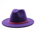 Detail of purple wool fedora hat featuring a magenta leather band and gold buckle accent - M (56-58cm) / Purple