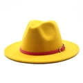 Detail of yellow wool fedora hat with fuchsia leather band and gold metal buckle - M (56-58cm) / Yellow