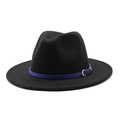 Close-up of black wool fedora featuring a blue leather band and golden buckle detail - M (56-58cm) / Black