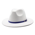 Classic white wool felt fedora hat with a navy blue leather band and gold buckle detail - White