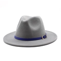 Classic gray wool fedora hat with navy leather band and golden buckle on white background - Light Gray