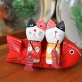Handcrafted wooden cat figurines on fish boat, Nordic style colorful painted cat sculptures - Hand-Painted Cat Fishing Set / 15*3.5*9CM