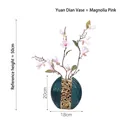 Modern dark green ceramic globe vase with gold flower relief and pink magnolia flowers - Yuandian Vase + Pink Magnolia