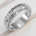 Silver wide band ring with engraved rose flower patterns and 14K hallmark on inner surface - US 5 / Silver