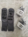 Fuzzy gray wine socks in cupcake packaging with if you can read this text on soles - OPP Bag Packaging / Grey-Bring Me Wine