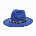 Royal blue fedora hat with wide flat brim and decorative gold-black metal chain - M (56-58cm) / Sapphire Blue