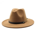 Detail of camel wool fedora hat featuring a black leather band and gold chain accent - Light Coffee
