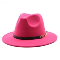 Classic fuchsia wool fedora hat with black leather band and gold chain detail - Rose Red