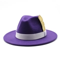 Purple wool fedora hat with a white ribbed ribbon and a stylish golden feather ornament - Adjustable / Purple