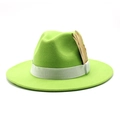 Detail of bright green wide brim fedora hat with white ribbon and golden feather pin - Adjustable / Fluorescent Green