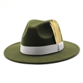Detail of dark green fedora hat featuring a white ribbon and golden feather ornament - Adjustable / Army Green