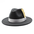 Detail of dark grey wool fedora with white grosgrain band and gold leaf ornament - Adjustable / Dark Gray