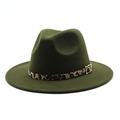 Dark green wool fedora hat with leopard print band and gold buckle on white background - Army Green
