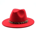 Detail view of the red wool fedora with a leopard print band and gold buckle - Red
