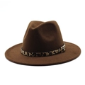 Close-up of brown wool felt fedora hat featuring a leopard print band and metal buckle - Dark Coffee