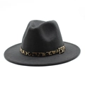 Detail of dark grey wool fedora hat featuring a leopard print band and golden buckle - Dark Gray