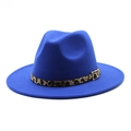 Detail of dark blue fedora hat featuring a leopard print band and gold buckle - Royal Blue