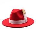 Close-up of red wool fedora hat featuring white ribbon band and golden tipped feathers - Adjustable / Red